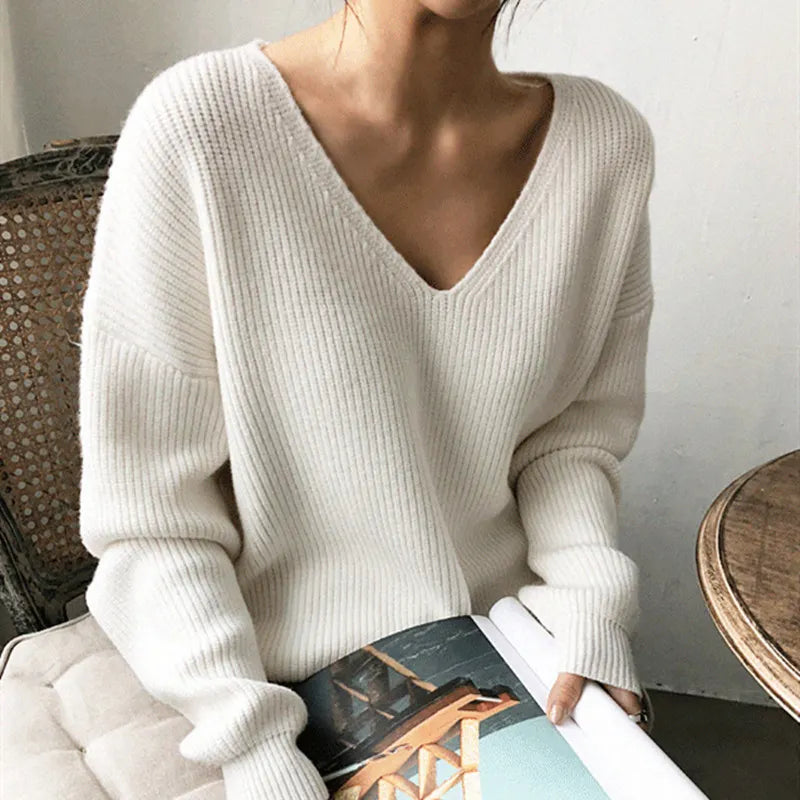 V-Neck Simple Irregular Pullover Sweater