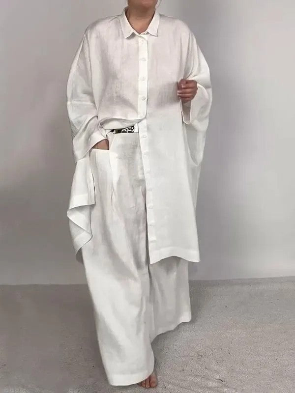Fashion long shirt & wide-leg pants two-piece set