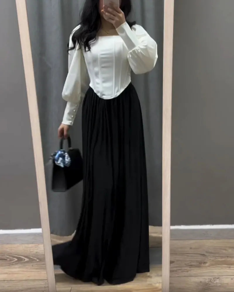 Fashion Lapel Long Sleeve Top & Overskirt Two-Piece Set