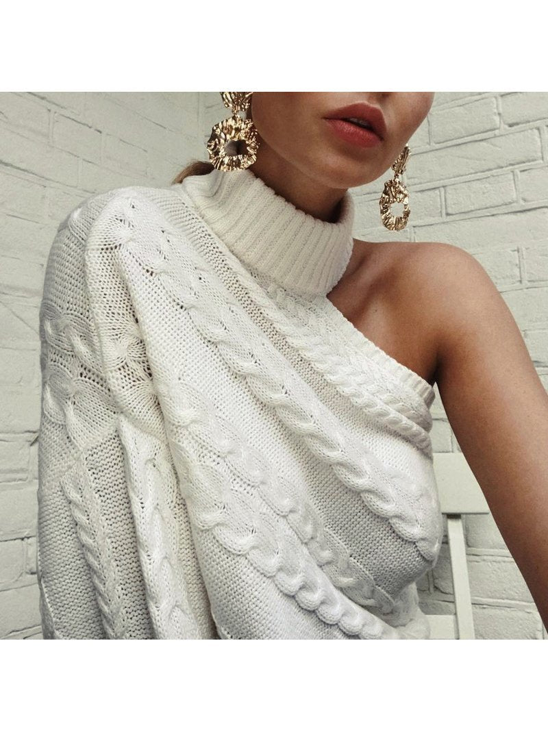 Fashion Sexy Strapless Single Sleeve Tall Neck Twist Sweater