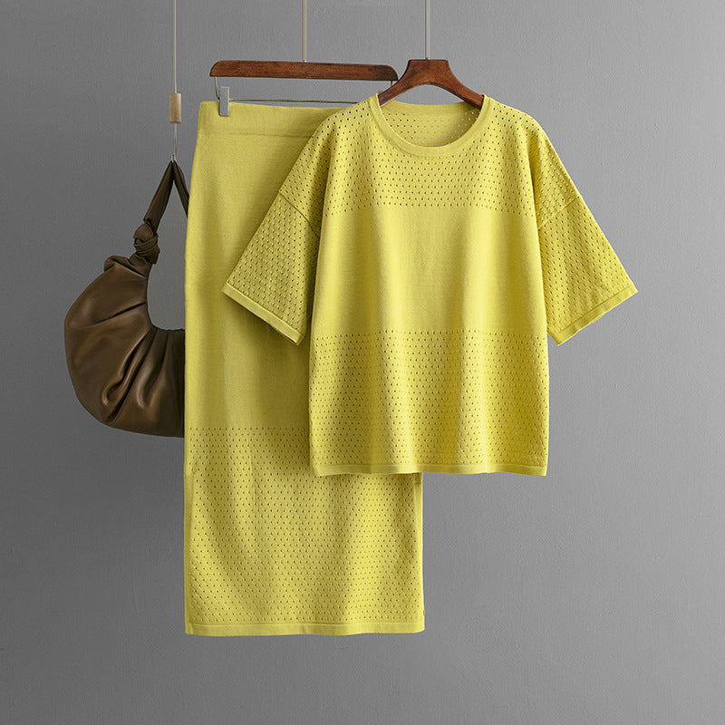 Casual Hollow Top & Skirt Solid Color Two-Piece Set