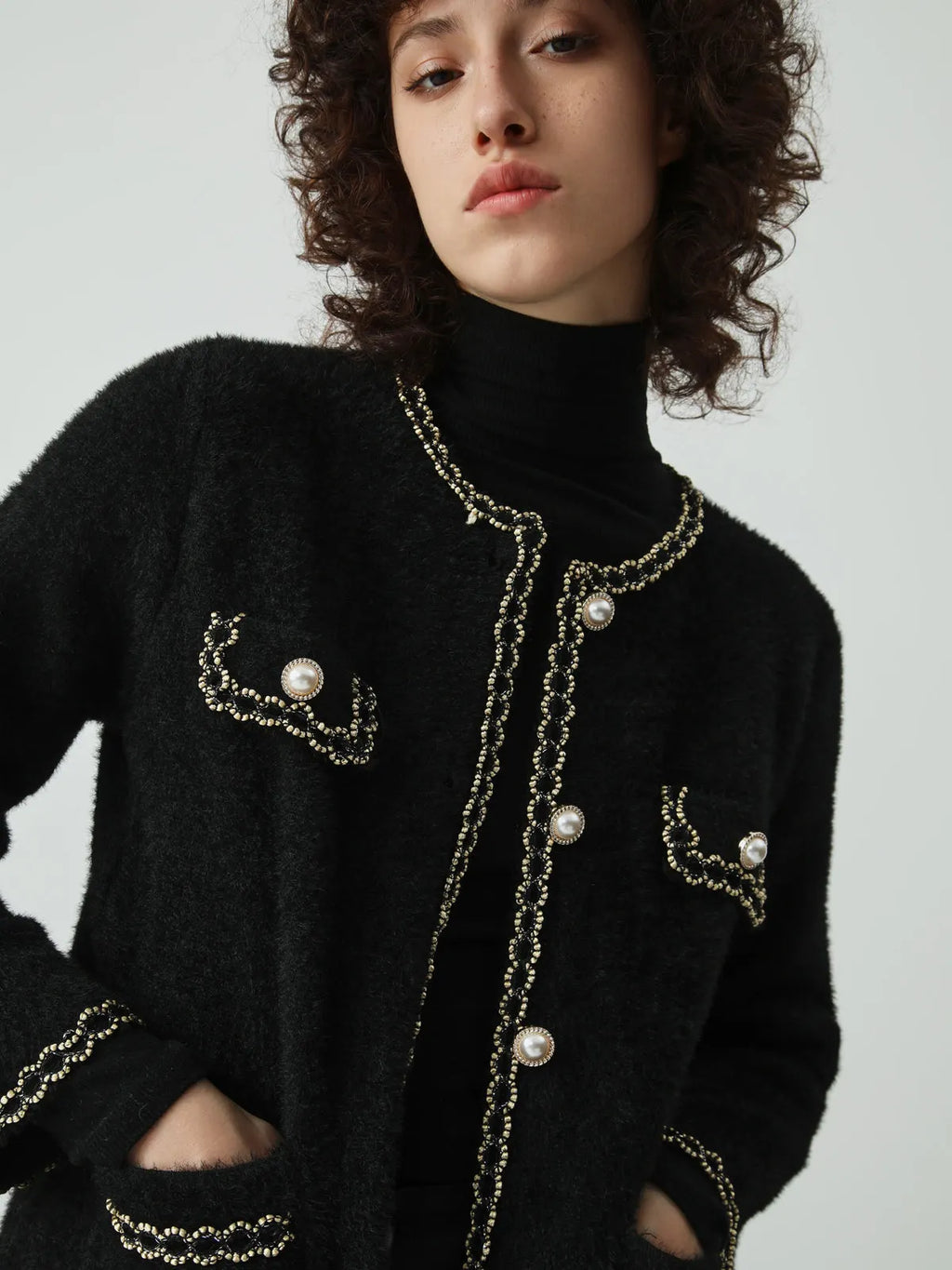 Pearl Button Contrast Trim Fuzzy Cardigan
