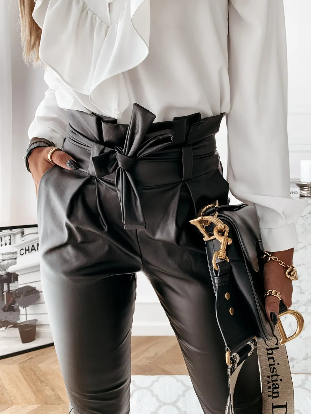 Fashion Casual PU Pants Pleated Tie Slim Pants