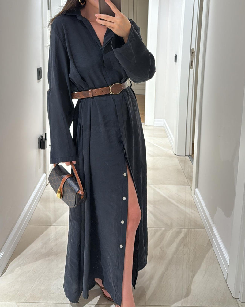 Casual Solid Color Shirt Dress (Without Belt)