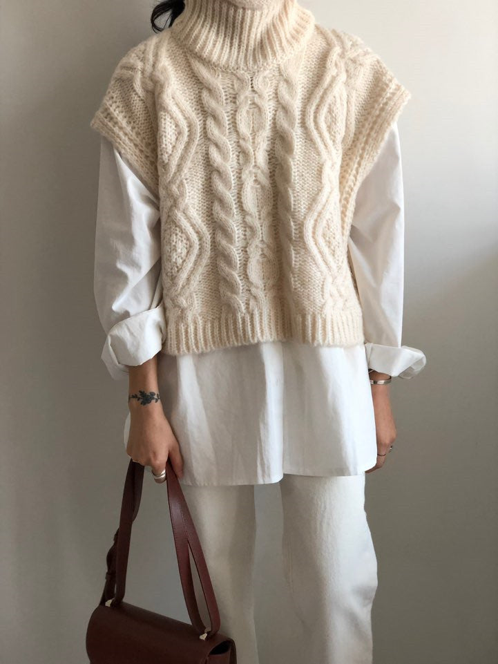 Vintage turtleneck hemp pattern loose knit sweater vest