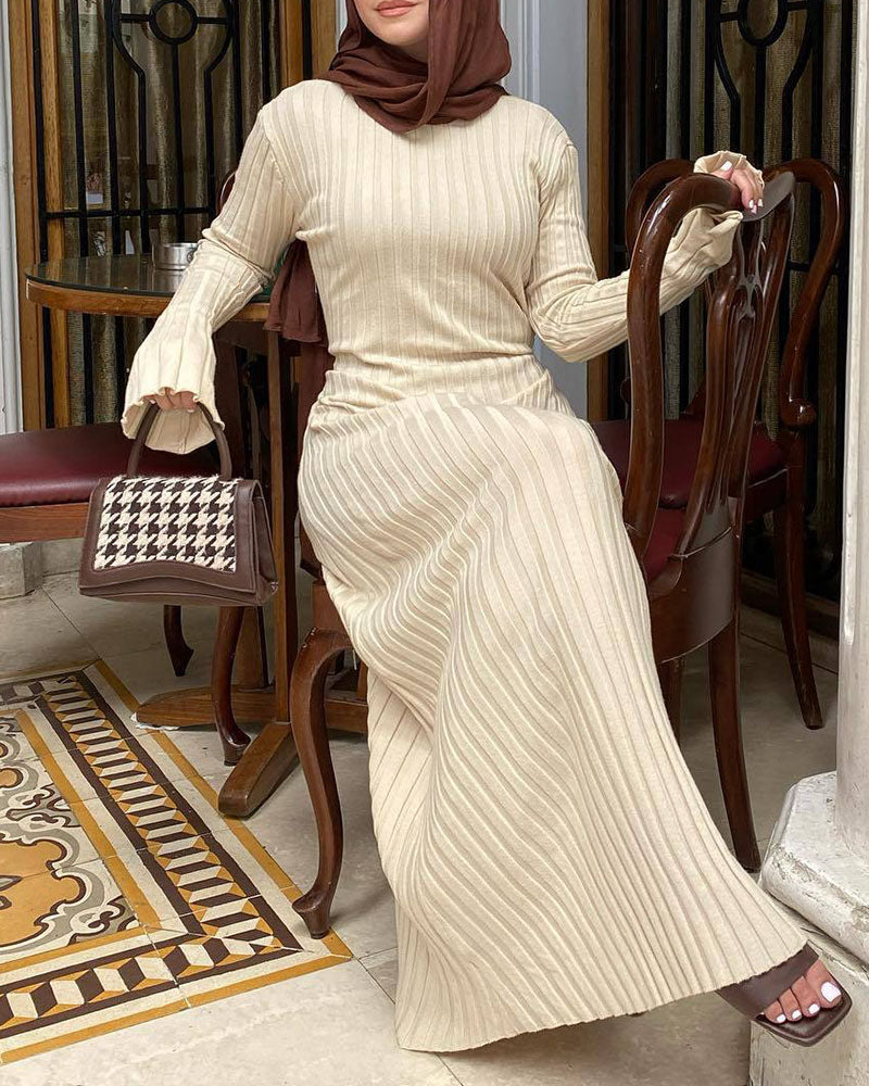 Casual Round Neck Knitted Long Skirt