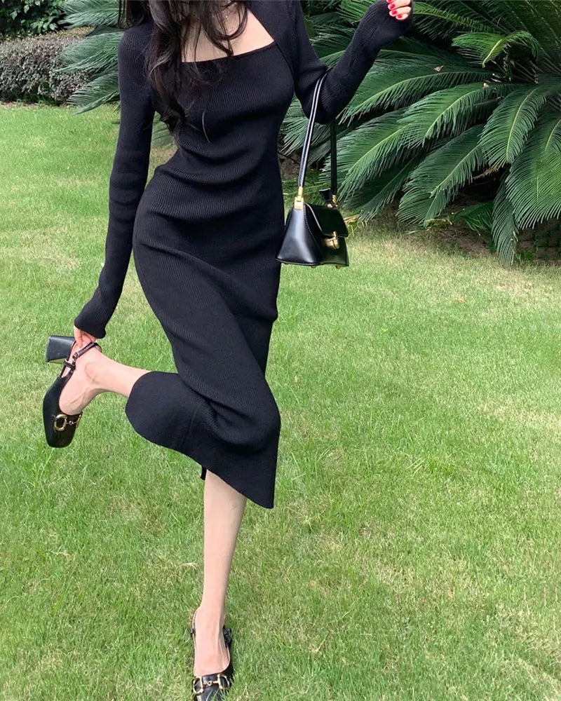 Retro Elegance Pack Shoulder Square Neck Slim Dress