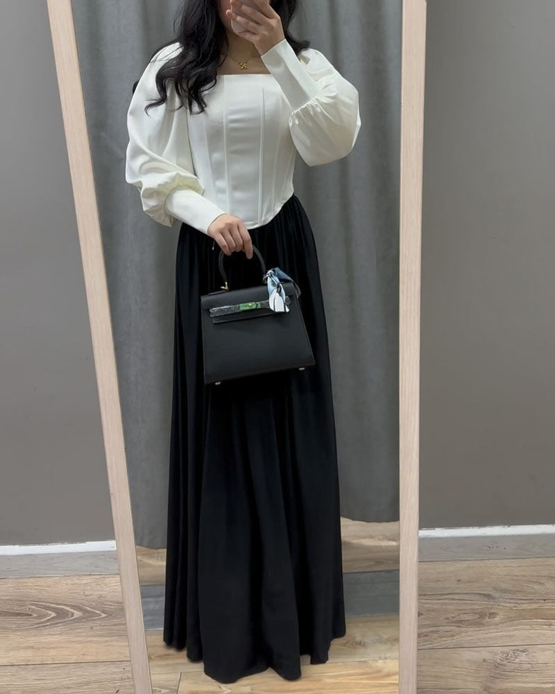 Fashion Lapel Long Sleeve Top & Overskirt Two-Piece Set