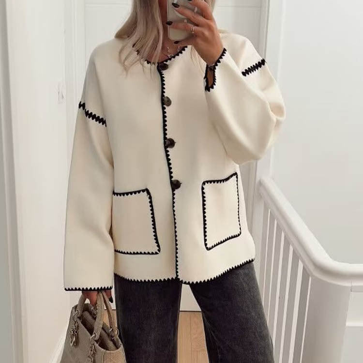 Elegant Crew-neck Edge Color Contrast Coat