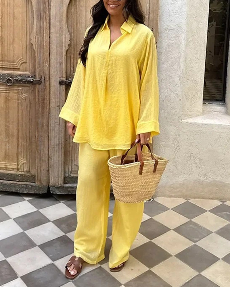 Casual V-Neck Shirt Pants Set