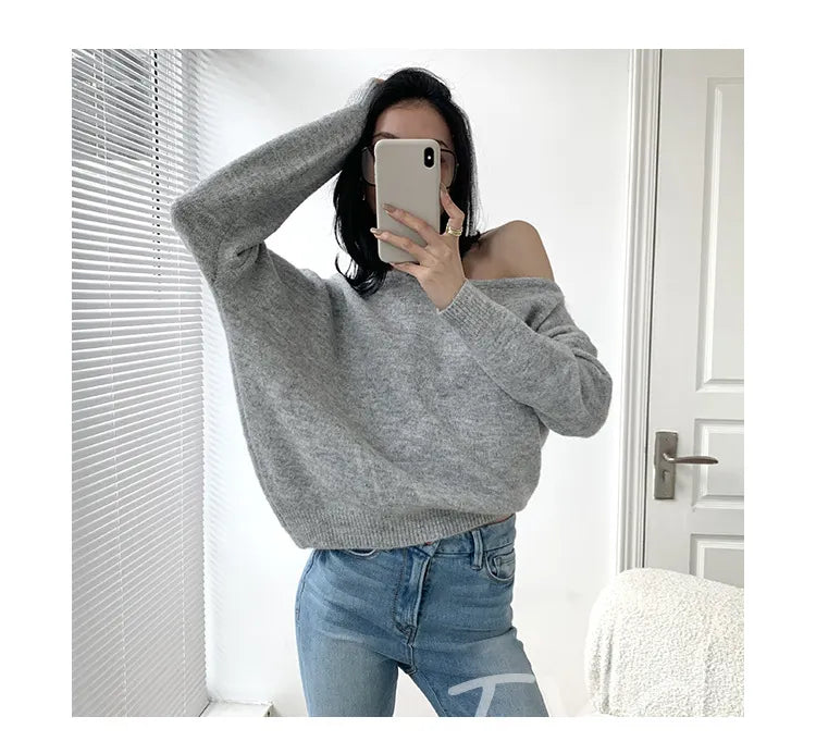 Mohair Off-shoulder Irregular Sweater