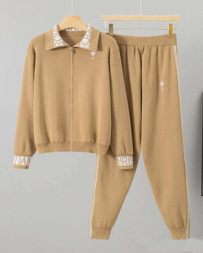 Zipper Embroidered Knitted Casual Two-piece Set