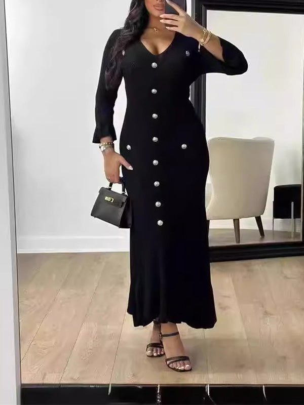Fashion Solid Color Slim-Fit Long Sleeve Dress