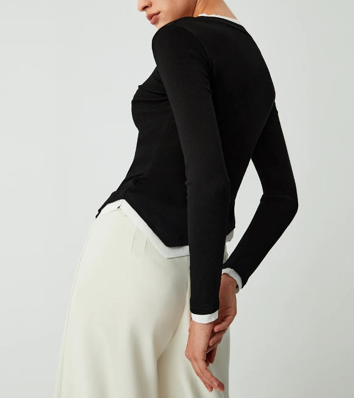 Asymmetric Hem Contrast Trim Long Sleeve Shirt