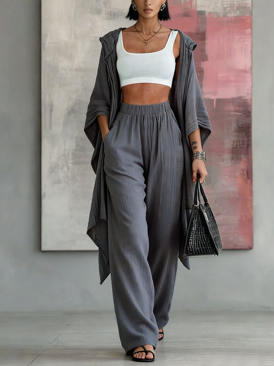 Chic hooded cardigan cotton and linen two-piece set