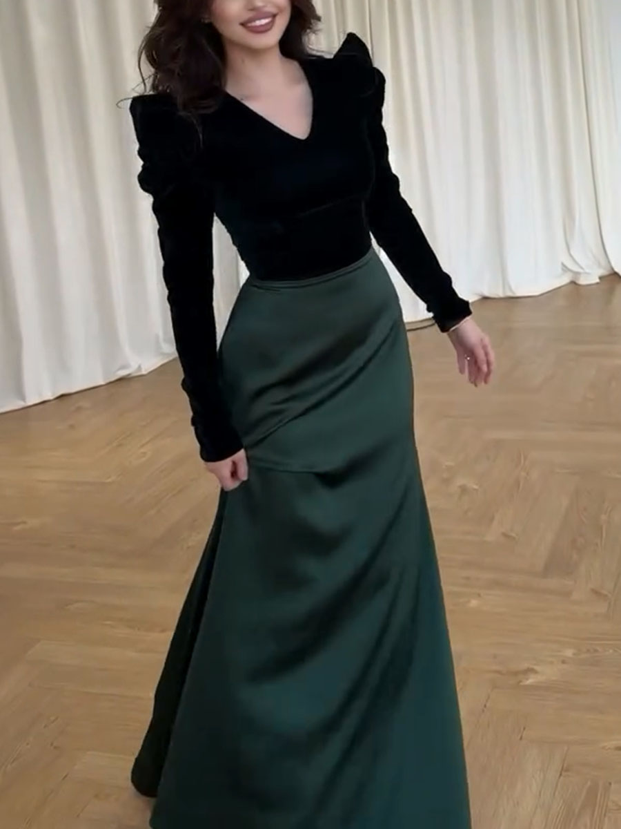 Elegant patchwork waisted maxi evening dress