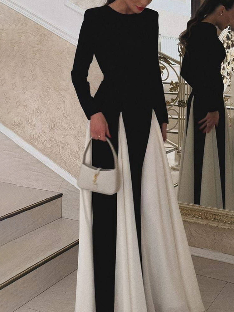 Chic Contrast Color Long Sleeve Elegant Dress