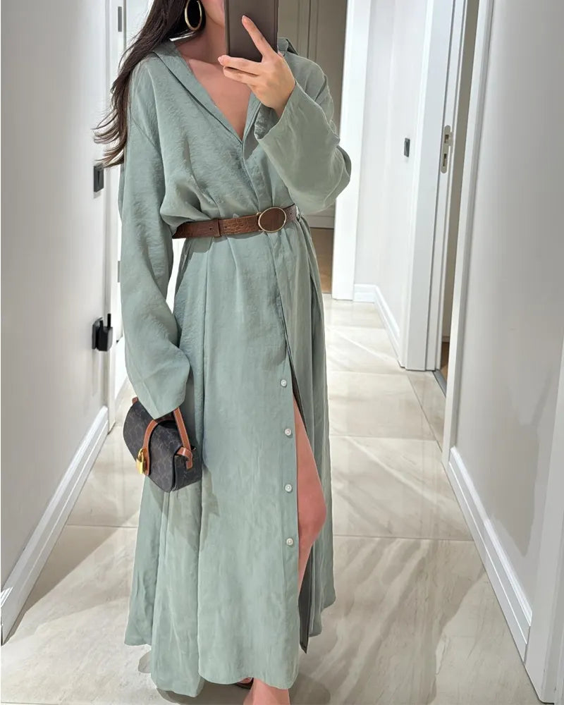 Casual Solid Color Shirt Dress (Without Belt)