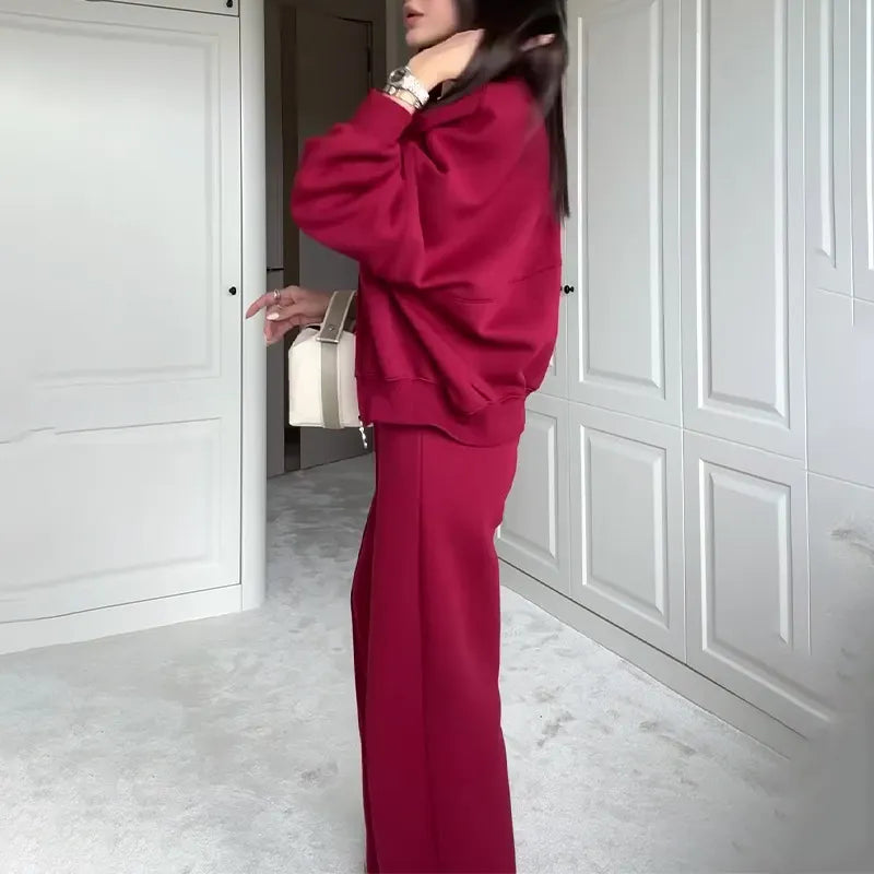 Fashionable Sweatshirt Jacket & Straight Pants Two-piece Set