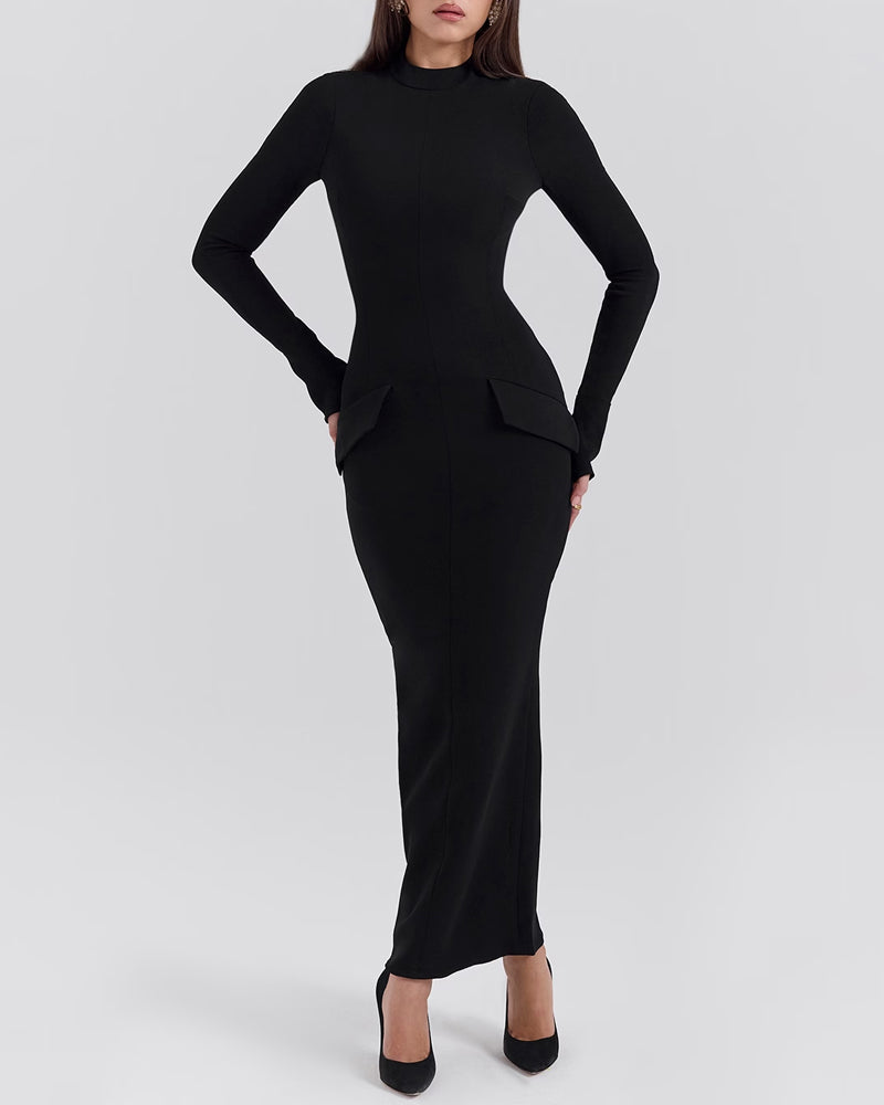 Fashion Solid Color Half High Collar Long Sleeve Dress