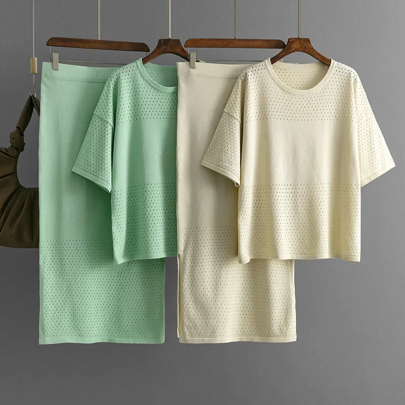 Casual Hollow Top & Skirt Solid Color Two-Piece Set
