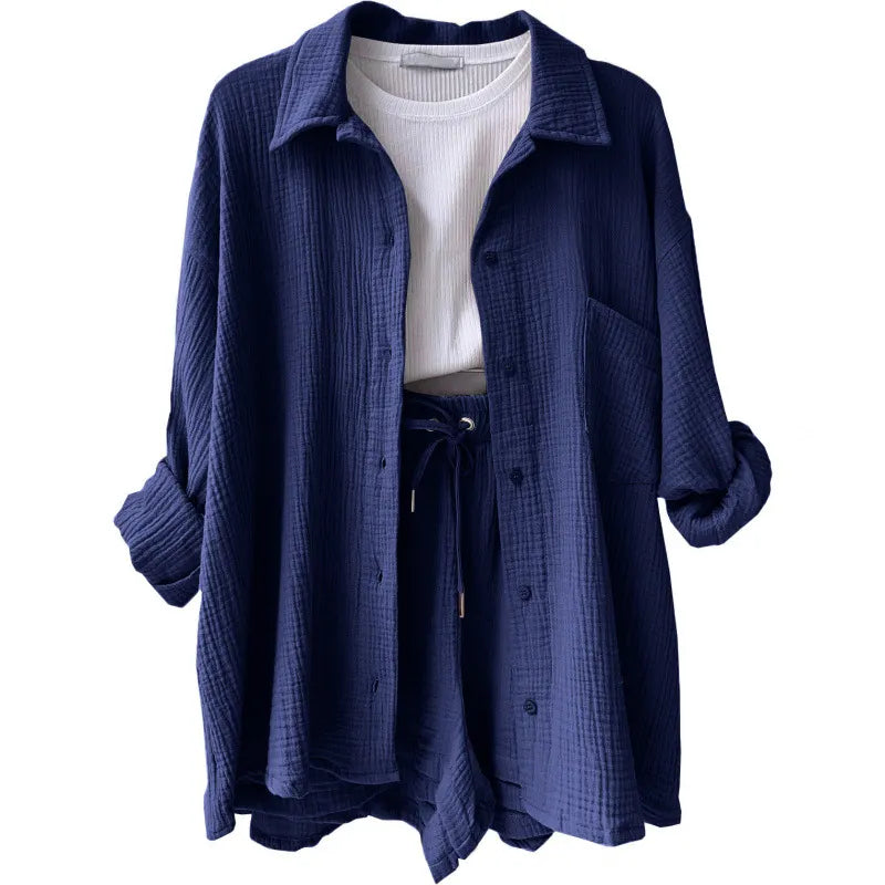 Fashion Shirt High Waist Drawstring Shorts Set
