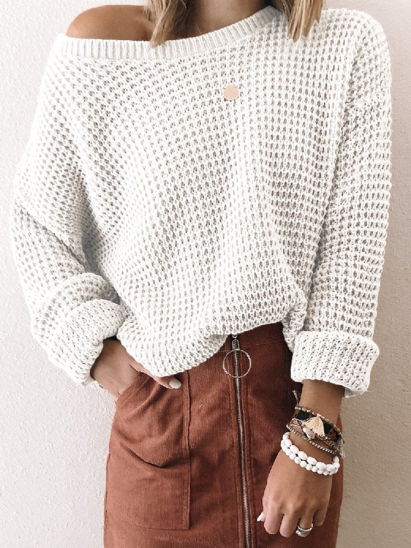 Fashion Solid Color Diagonal Collar Short Long Sleeve Knitted Sweater