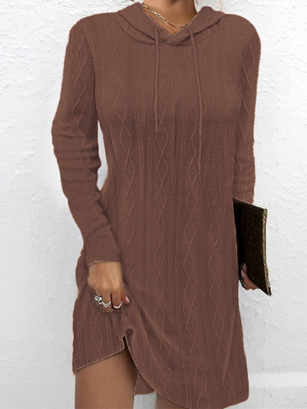 Solid Color Long-Sleeved Hooded Jumper Knit Dress