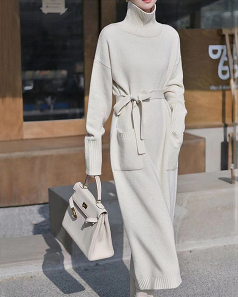 Winter fashion turtleneck knitted dress