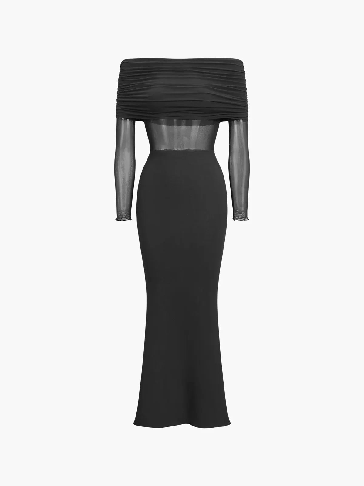 Overfold Off-Shoulder Mesh Long Sleeve Long Dress