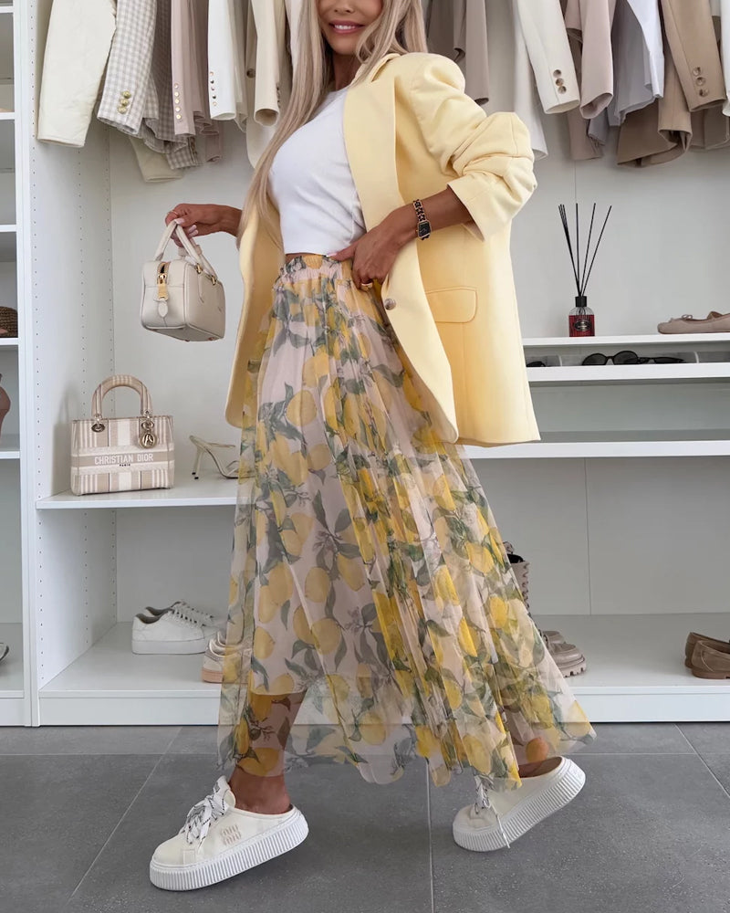 Fashionable Lapel Blazer & Lemon Overskirt Two-Piece Set