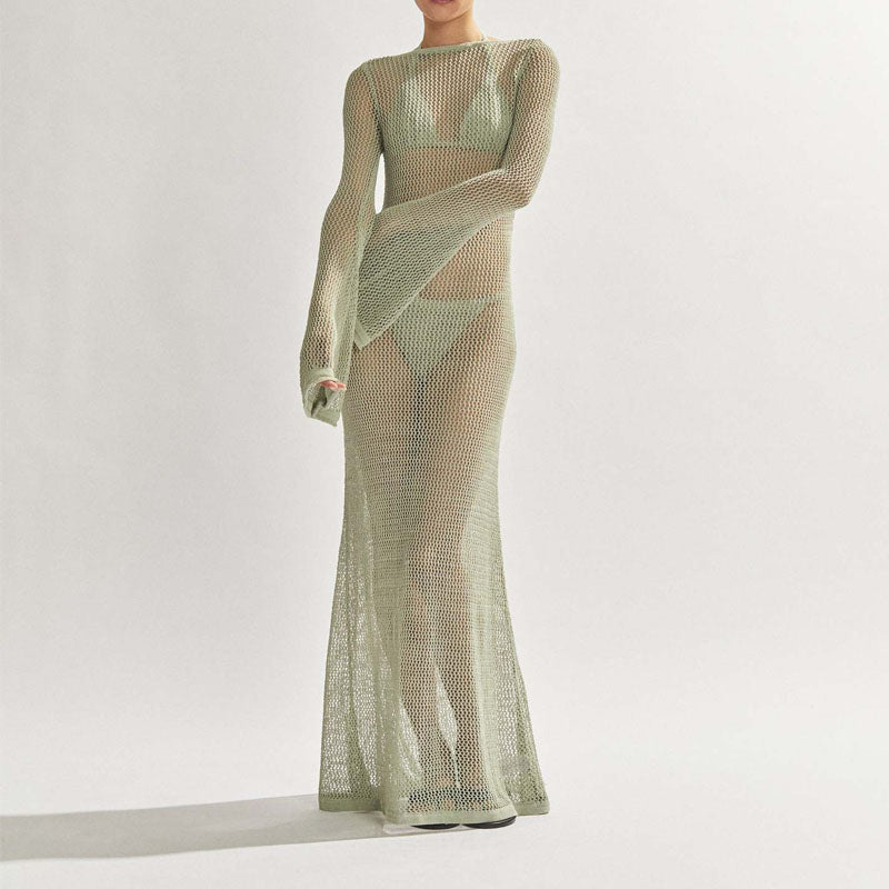 Knitted Long-sleeves Backless Sexy Maxi Dress