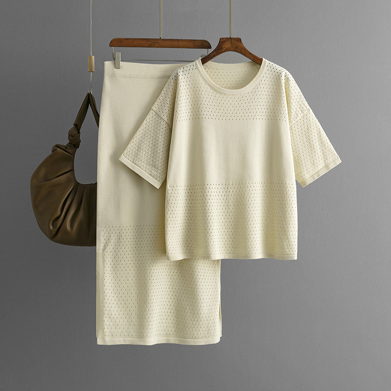 Casual Hollow Top & Skirt Solid Color Two-Piece Set