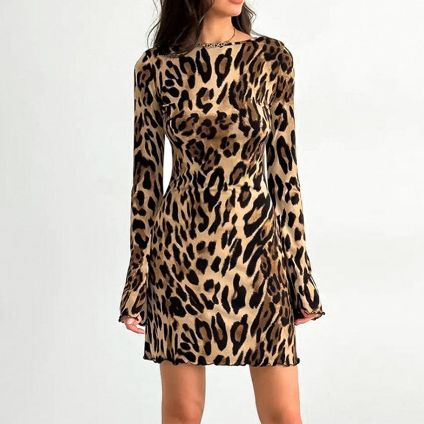 Slim Leopard Printed Long-sleeved Dress