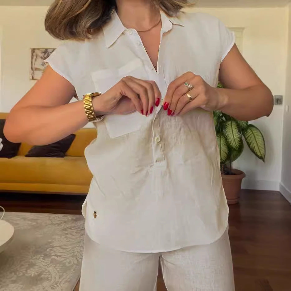 Stylish Pocket Shirt & Wide Leg Pants Two-Piece Set