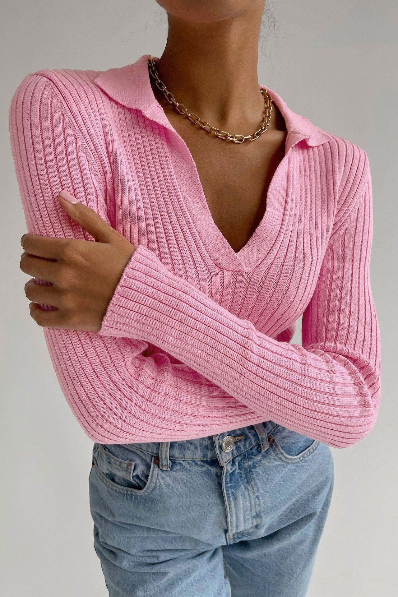Elegant Polo Collar Knitted Sweater