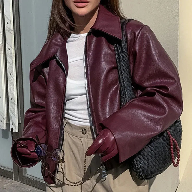Stylish Lapel Leather Biker Jacket
