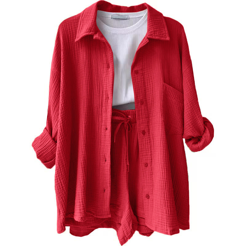 Fashion Shirt High Waist Drawstring Shorts Set