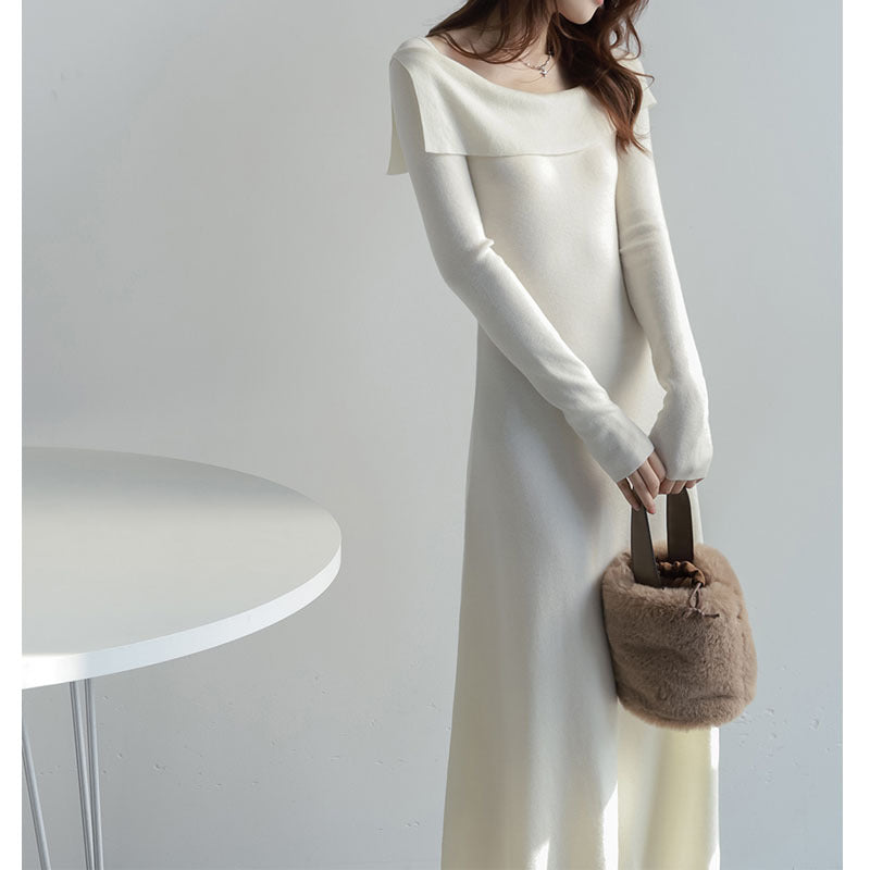 French one-shoulder fashion wool knit dress