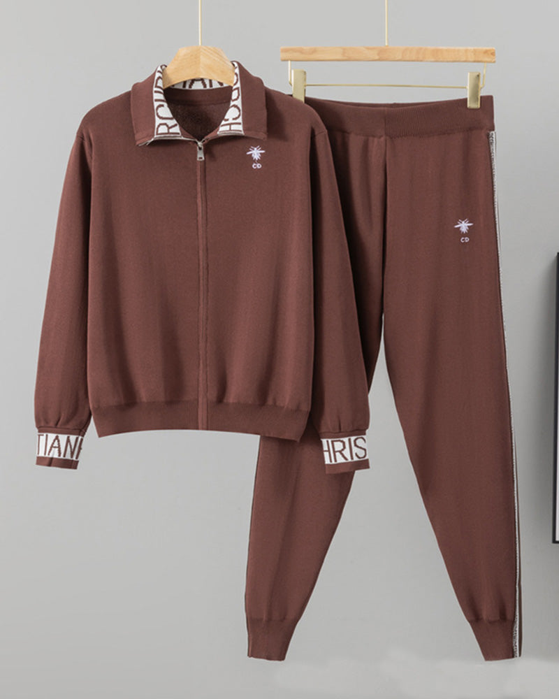 Zipper Embroidered Knitted Casual Two-piece Set