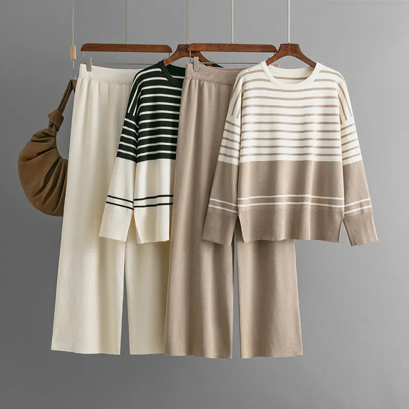 Casual Striped Crewneck Sweater Stylish Two-piece Set