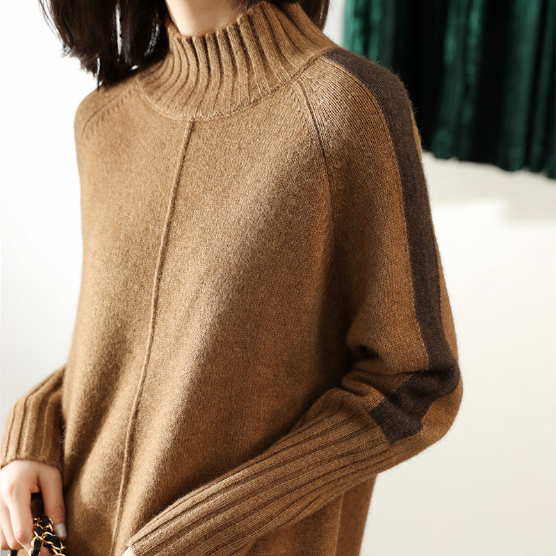 High-neck loose thick color-block knitted dress