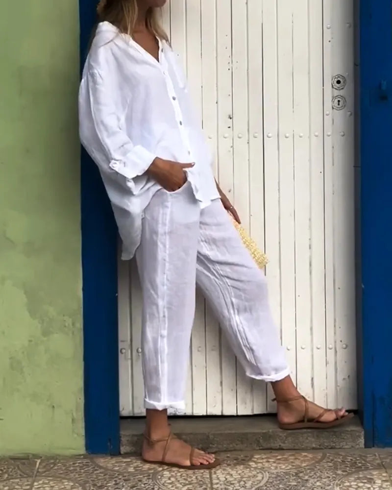 Casual Solid Color Shirt & Pants Two-piece Set