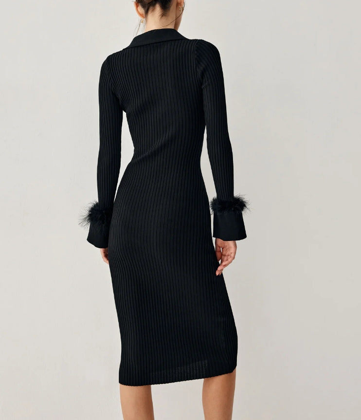 Open Collar Fuzzy Hem Long Sleeve Midi Sweater Dress
