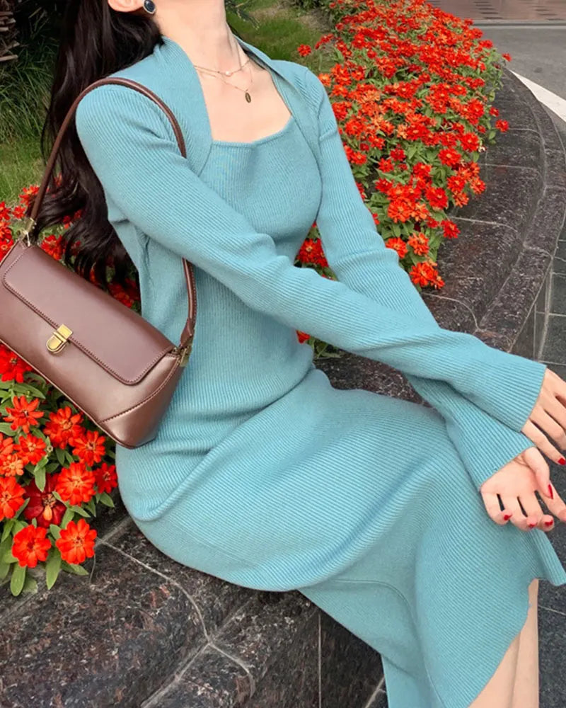 Retro Elegance Pack Shoulder Square Neck Slim Dress