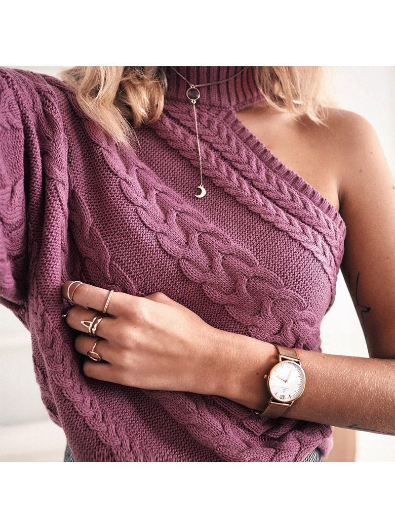 Fashion Sexy Strapless Single Sleeve Tall Neck Twist Sweater