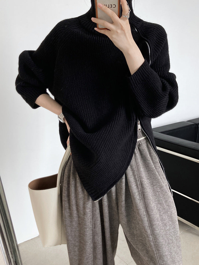 High Collar Zippered Loose Sweater