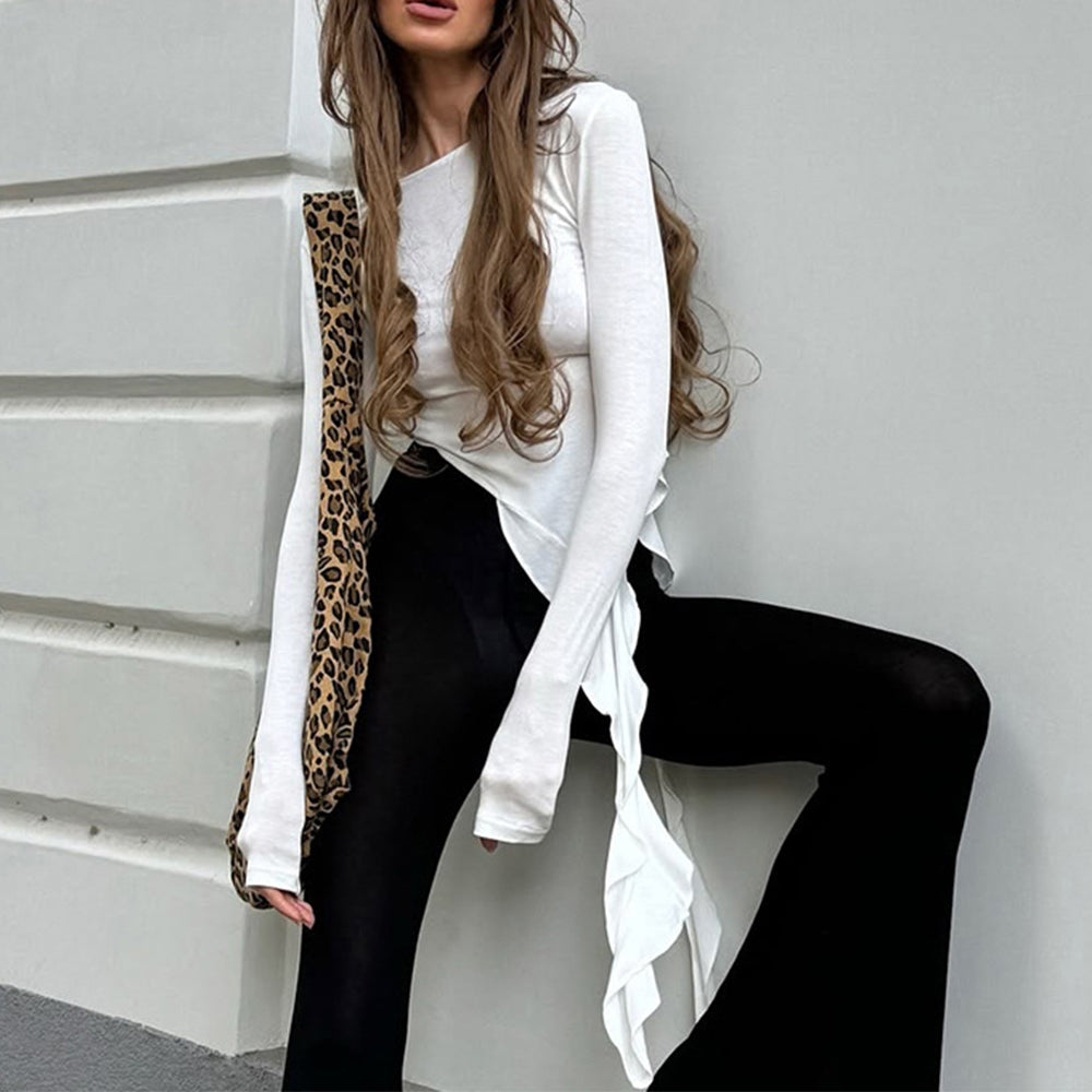 Solid Color Round Neck Ruffled Long-sleeved T-shirt