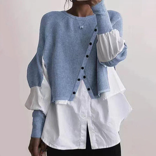 Stylish Crew Neck Long Sleeve Fake Two Pieces Top