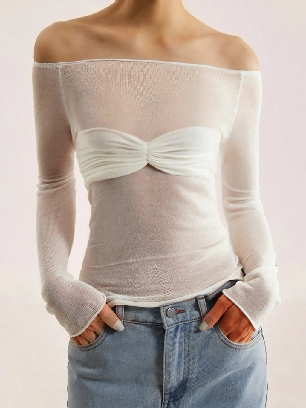 Nostalgia Off-Shoulder Mesh Long Sleeve Sweater